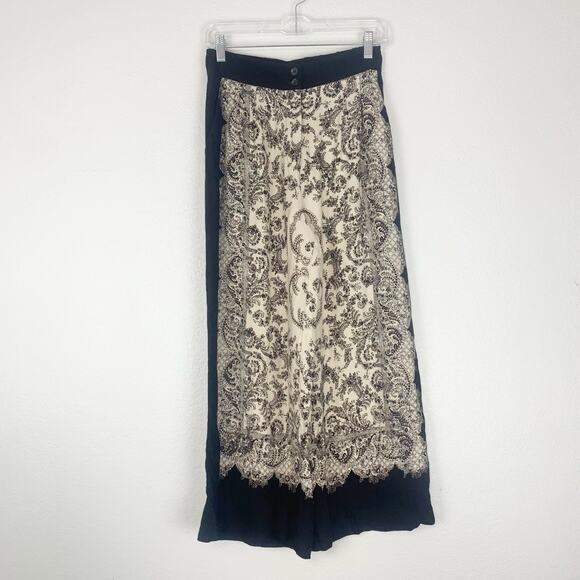 H&M Pants Womens 4 Wide-Leg Crop Boho Chic Baroque Print Black Cream Flowy - Picture 1 of 11
